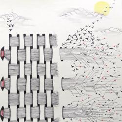 Migration  12x12 Ivory Art Paper  Micron Black & Red pens 01.  Graphite Shading Pencil  Woodless Coloured pencils for sun