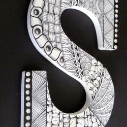 "S"  White painted wooden "S"  Micron Black 01Pens  Sakura Gelly Roll White 08 for highlighting  Graphite Shading Pencil